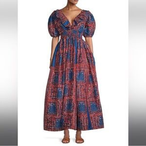 Elisamama Red & Blue Ayo Paisley Cotton Puff Sleeve  Maxi Dress size Small